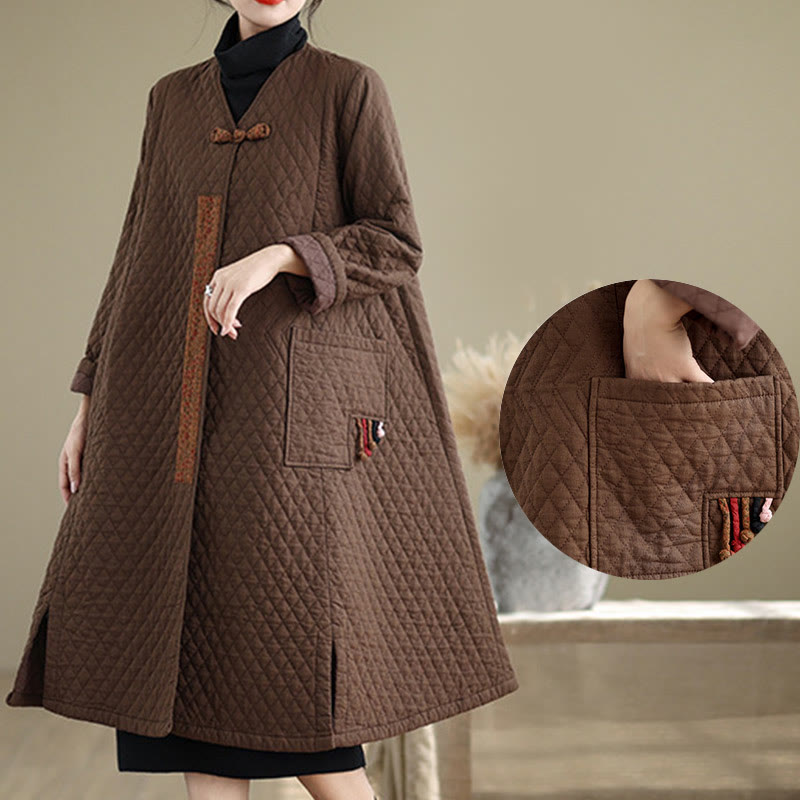 Buddha Stones Diamond Pattern Mid-length Women's Cotton Coat With Pockets - image 14