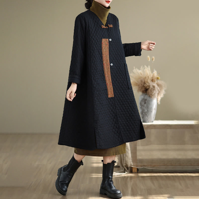 Buddha Stones Diamond Pattern Mid-length Women's Cotton Coat With Pockets - image 2