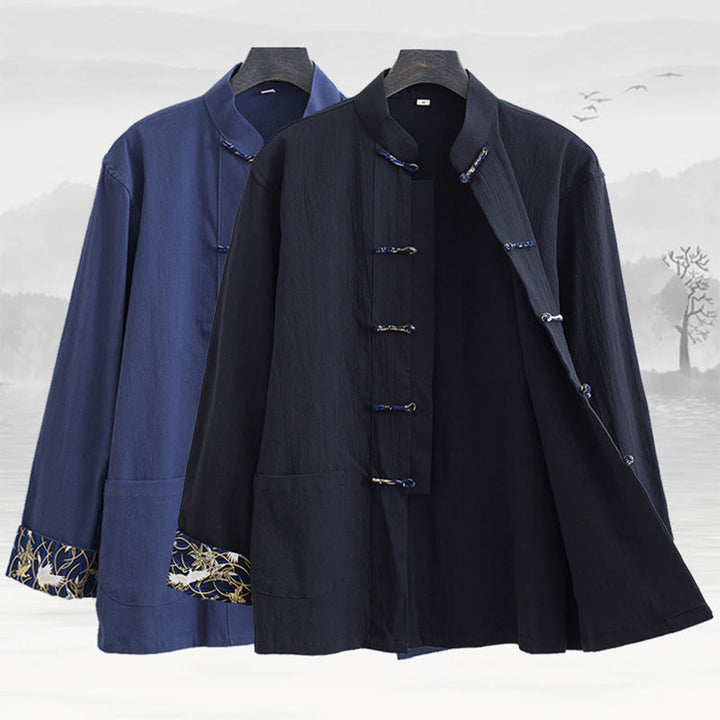 Buddha Stones Spring Cranes Design Men's Frog-Button Cotton Linen Long Sleeve Jacket - image 1