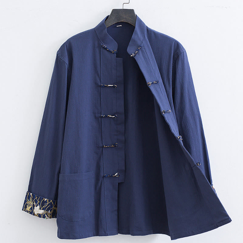 Buddha Stones Spring Cranes Design Men's Frog-Button Cotton Linen Long Sleeve Jacket - SteelBlue - US/UK/AU52，EU62 (8XL) - image 9