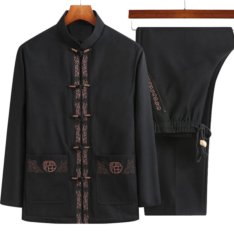 Buddha Stones Fu Character Embroidery Tang Suit Frog-Button Men's Long Sleeve Jacket Shirt Pants - Black Jacket+Black Pants - US/UK/AU44，EU54 (4XL) - image 0