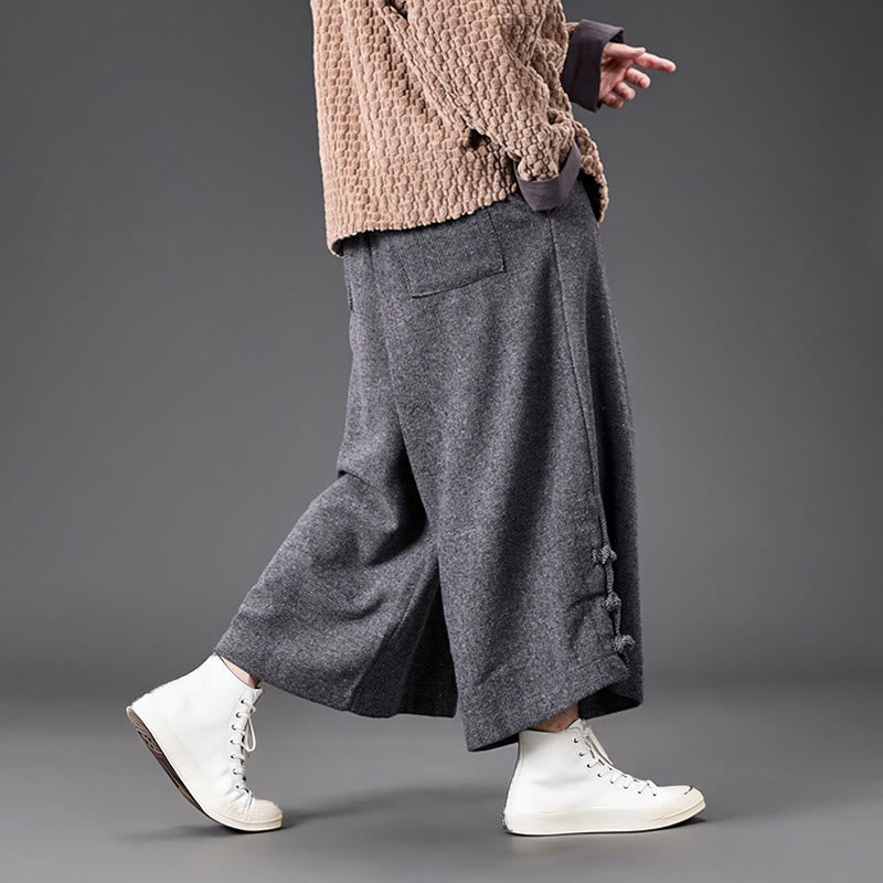 Buddha Stones Winter Chinese Frog-Button Design Corduroy Thermal Men's Wide Leg Pants With Pockets - image 25