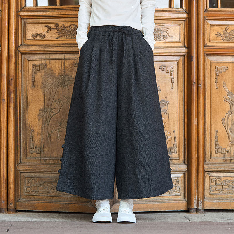 Buddha Stones Winter Chinese Frog-Button Design Corduroy Thermal Men's Wide Leg Pants With Pockets - image 2