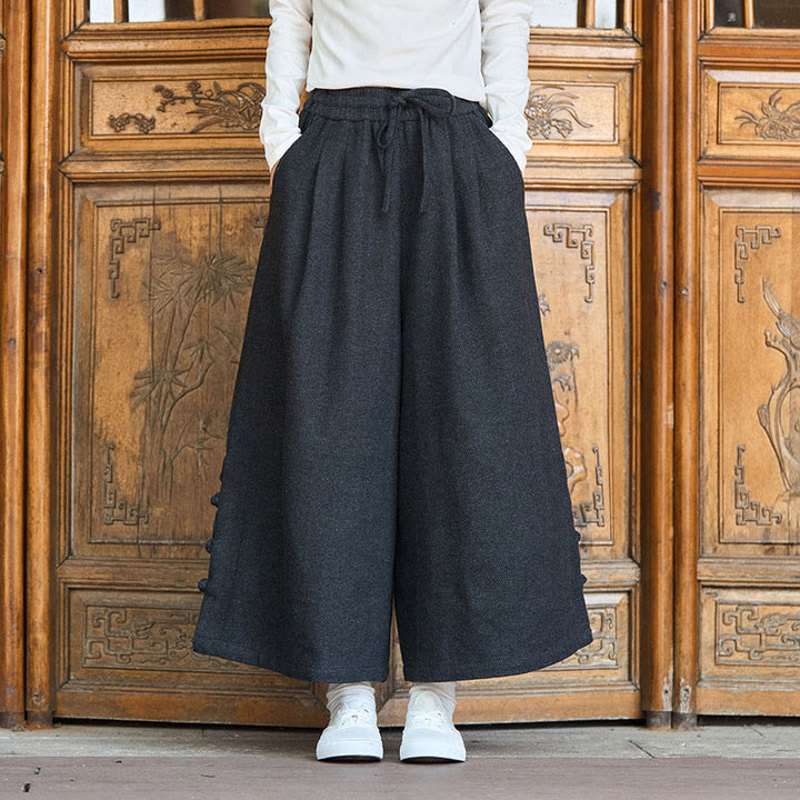 Buddha Stones Winter Chinese Frog-Button Design Corduroy Thermal Men's Wide Leg Pants With Pockets - image 2