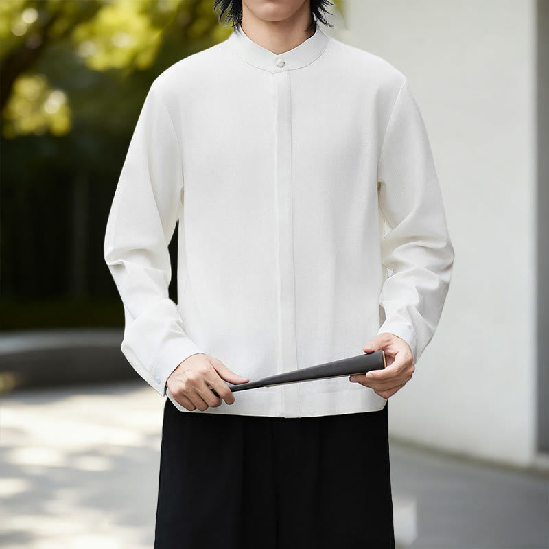 Buddha Stones Fall Solid Color White Men's Long Sleeve Cotton Linen Shirt Corduroy Kimono - White Shirt - US/UK/AU46，EU56 (5XL) - image 0