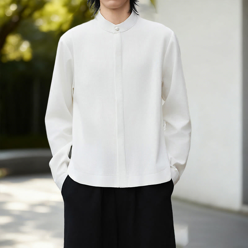 Buddha Stones Fall Solid Color White Men's Long Sleeve Cotton Linen Shirt Corduroy Kimono - image 4