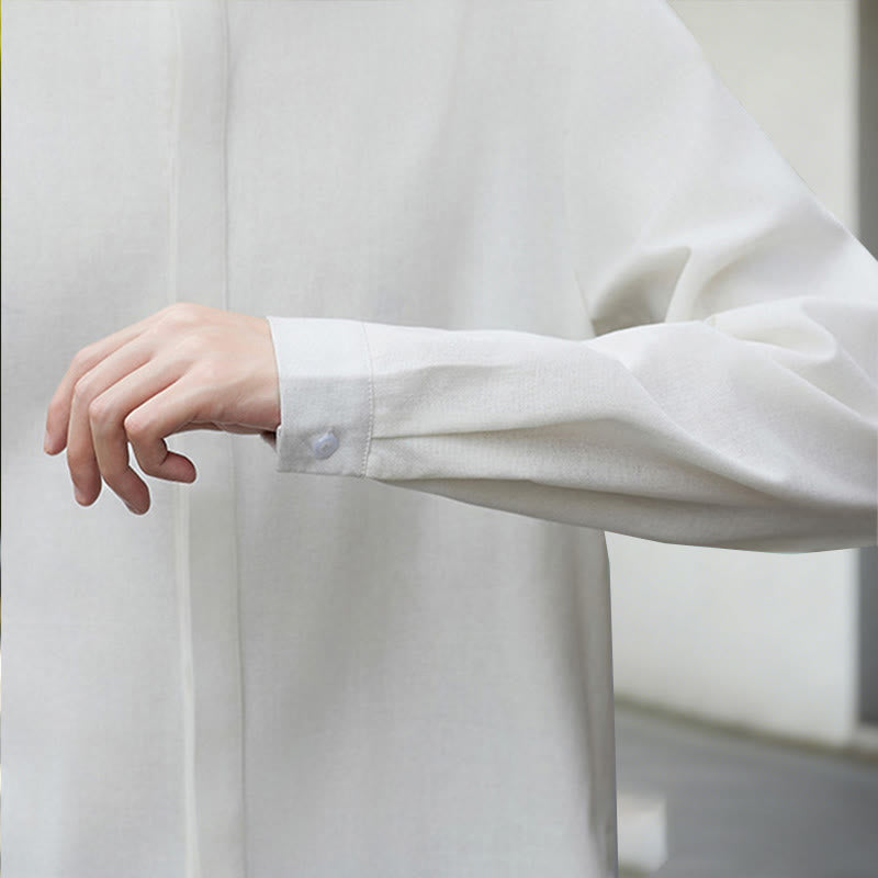 Buddha Stones Fall Solid Color White Men's Long Sleeve Cotton Linen Shirt Corduroy Kimono - image 9