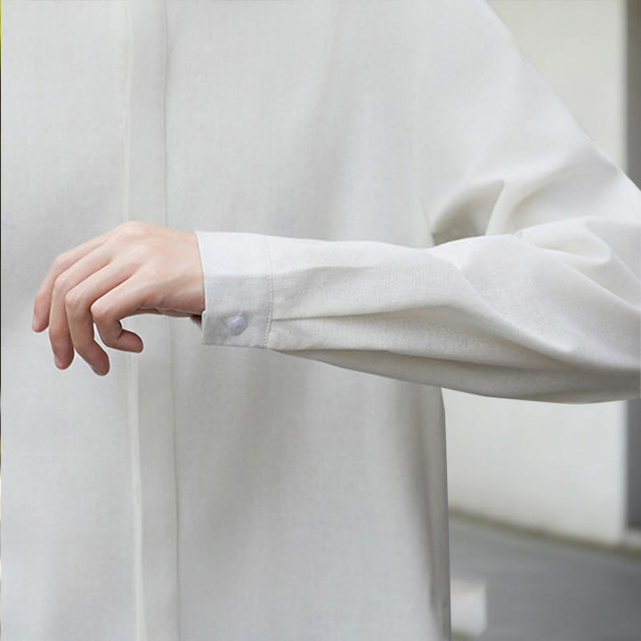 Buddha Stones Fall Solid Color White Men's Long Sleeve Cotton Linen Shirt Corduroy Kimono - image 9