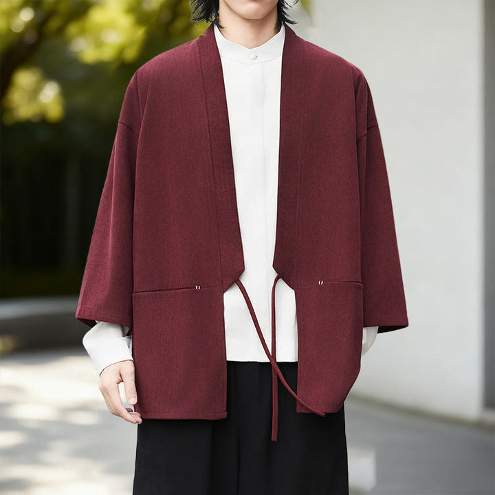 Buddha Stones Solid Color Open Front Long Sleeve Corduroy Jacket Men's Kimono Cotton Linen Shirt - DarkRed Kimono - US/UK/AU46，EU56 (5XL) - image 7