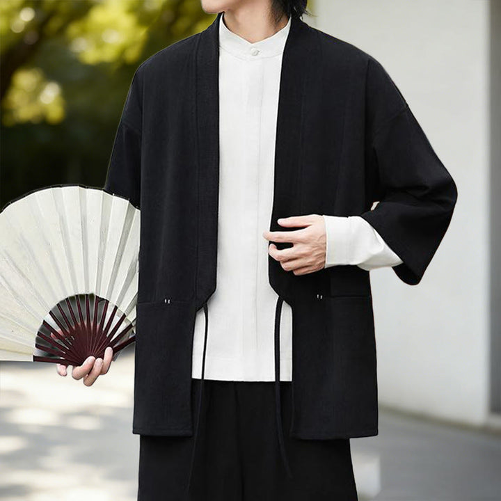 Buddha Stones Solid Color Open Front Long Sleeve Corduroy Jacket Men's Kimono Cotton Linen Shirt - image 2