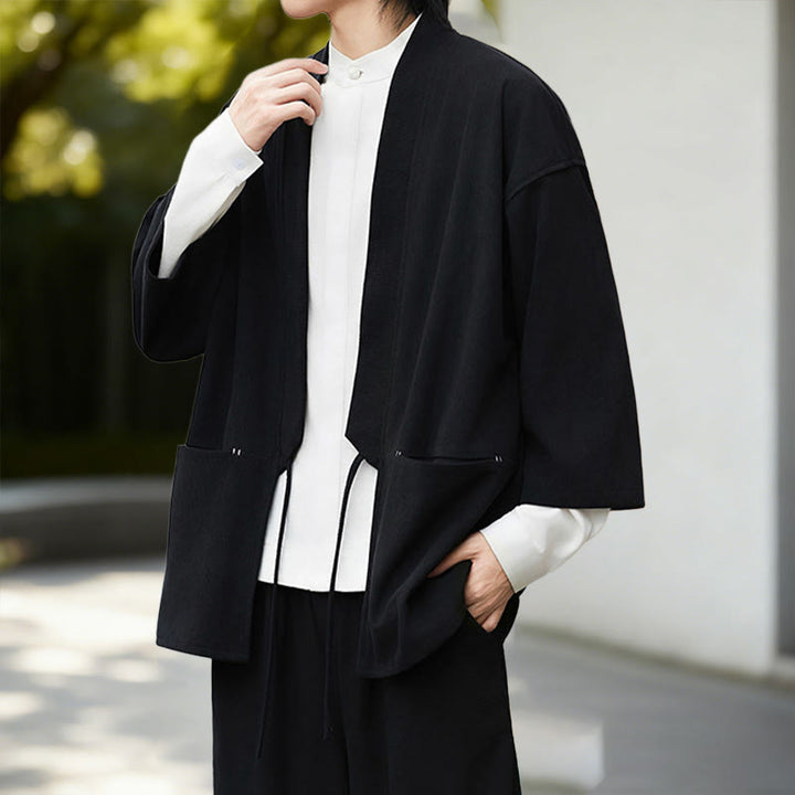 Buddha Stones Solid Color Open Front Long Sleeve Corduroy Jacket Men's Kimono Cotton Linen Shirt - image 4