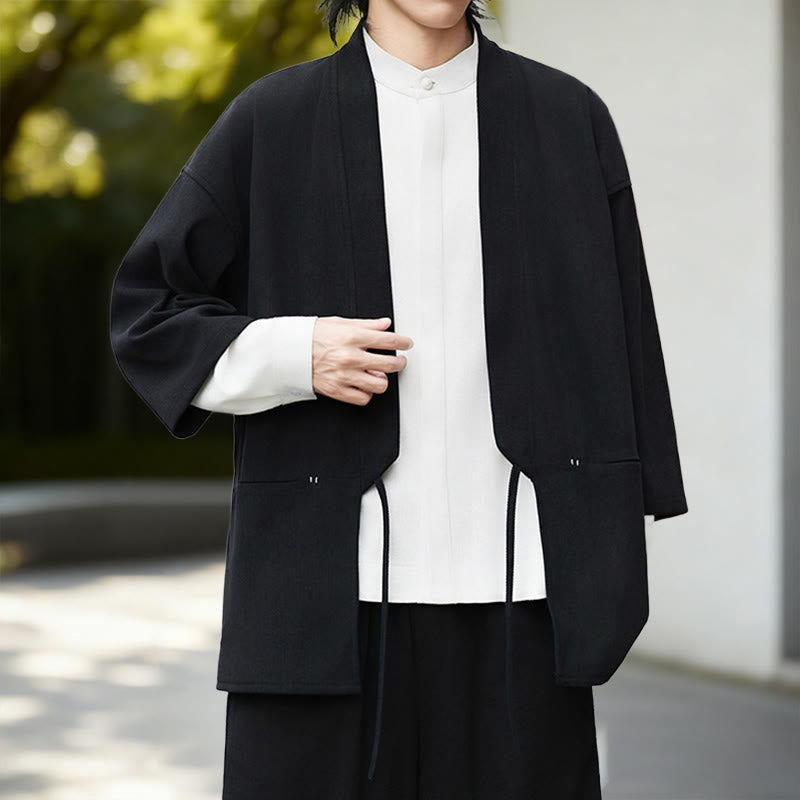 Buddha Stones Solid Color Open Front Long Sleeve Corduroy Jacket Men's Kimono Cotton Linen Shirt - image 3