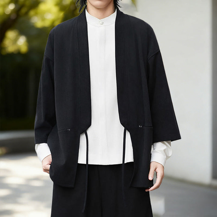 Buddha Stones Solid Color Open Front Long Sleeve Corduroy Jacket Men's Kimono Cotton Linen Shirt - image 5