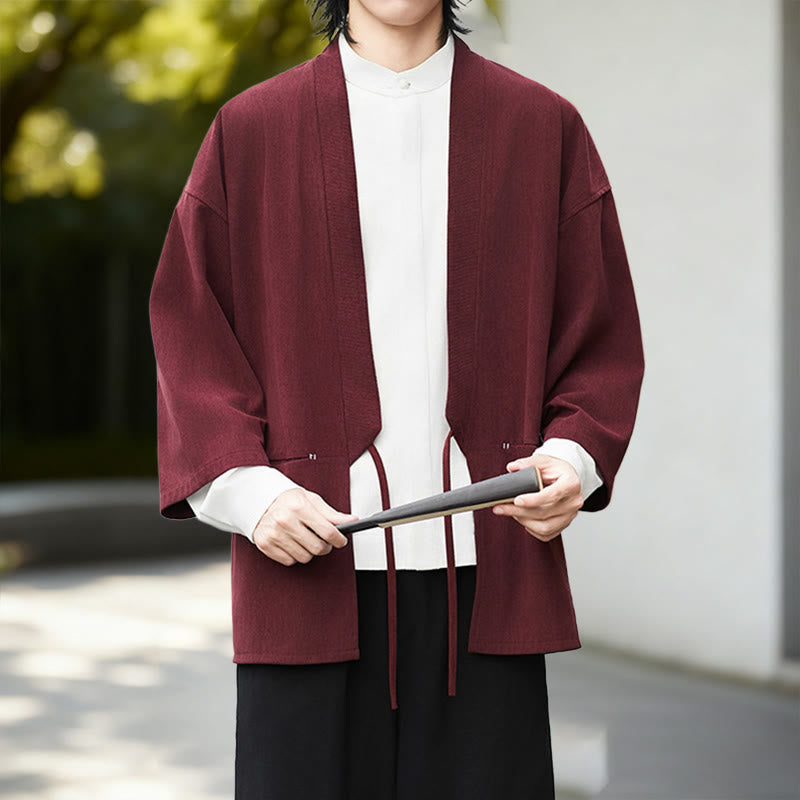 Buddha Stones Solid Color Open Front Long Sleeve Corduroy Jacket Men's Kimono Cotton Linen Shirt - image 11