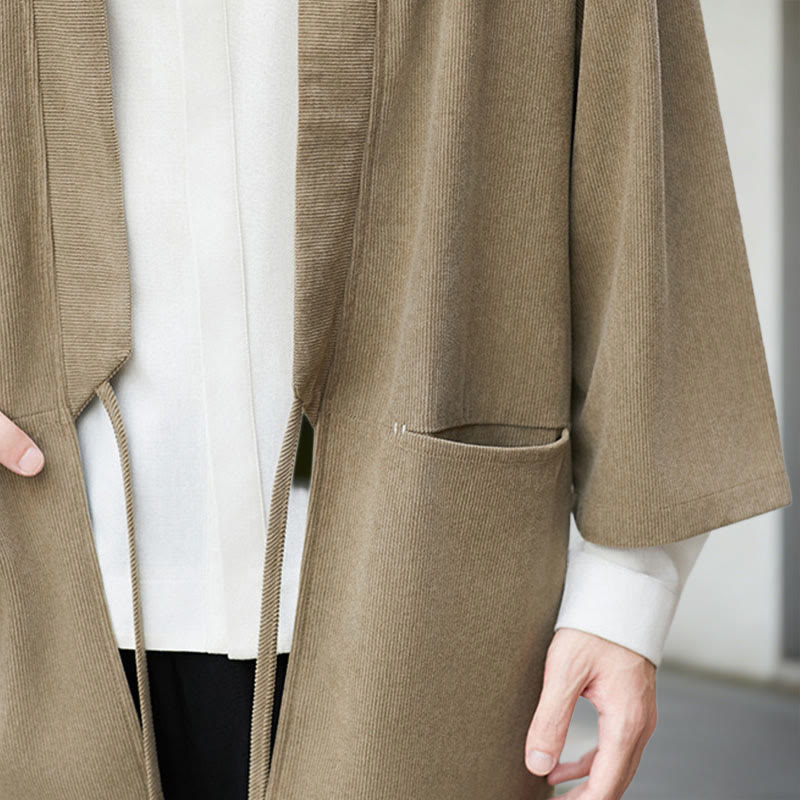 Buddha Stones Solid Color Open Front Long Sleeve Corduroy Jacket Men's Kimono Cotton Linen Shirt - image 22