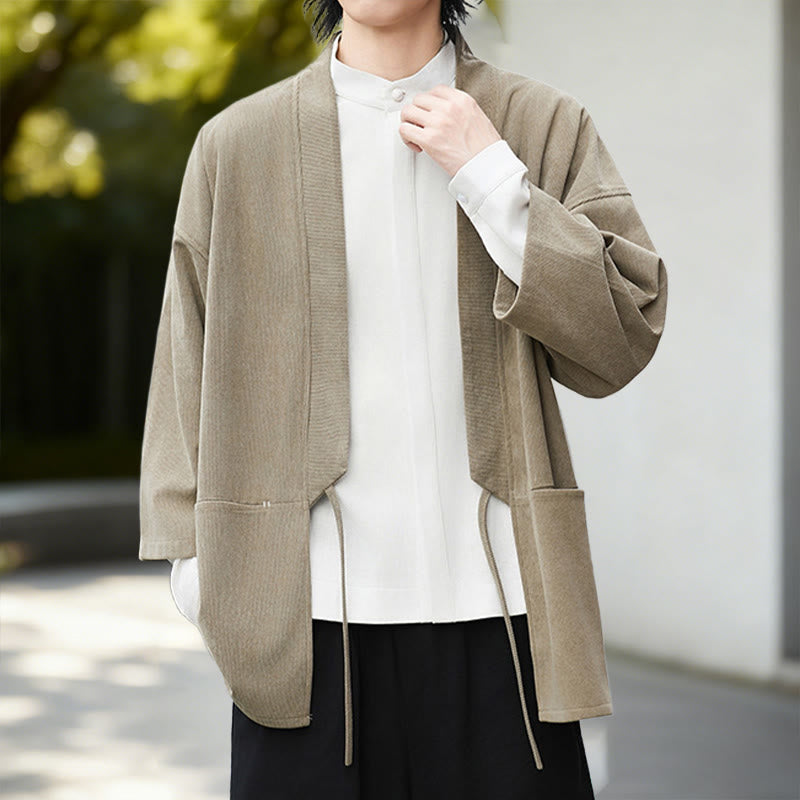 Buddha Stones Solid Color Open Front Long Sleeve Corduroy Jacket Men's Kimono Cotton Linen Shirt - image 17