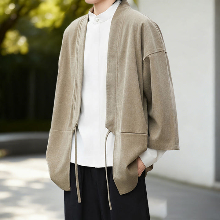 Buddha Stones Solid Color Open Front Long Sleeve Corduroy Jacket Men's Kimono Cotton Linen Shirt - image 18