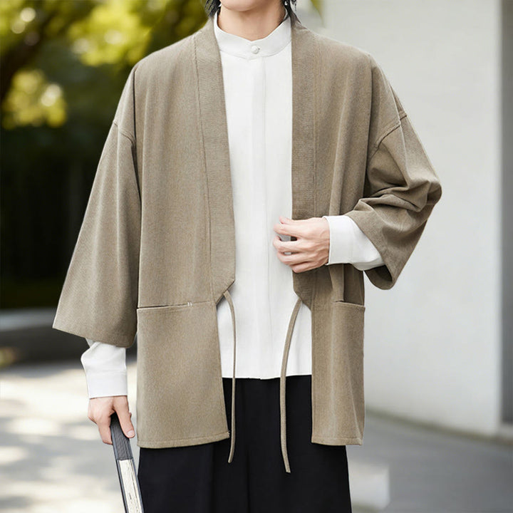 Buddha Stones Solid Color Open Front Long Sleeve Corduroy Jacket Men's Kimono Cotton Linen Shirt - image 19