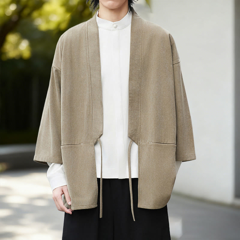 Buddha Stones Fall Solid Color White Men's Long Sleeve Cotton Linen Shirt Corduroy Kimono - Wheat Kimono - US/UK/AU46，EU56 (5XL) - image 14