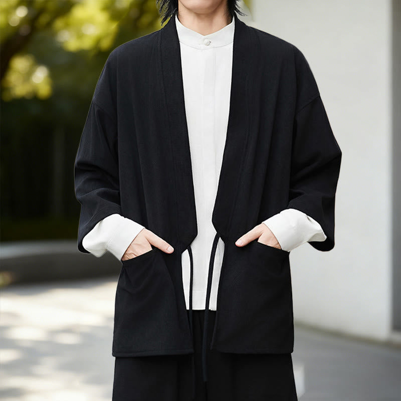 Buddha Stones Fall Solid Color White Men's Long Sleeve Cotton Linen Shirt Corduroy Kimono - image 11