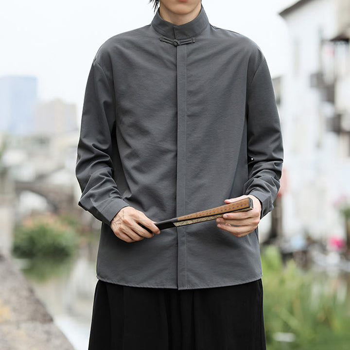 Buddha Stones Solid Color One Frog-Button Long Sleeve Cotton Men's Shirt - image 1