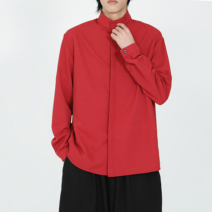 Buddha Stones Solid Color One Frog-Button Long Sleeve Cotton Men's Shirt - image 13