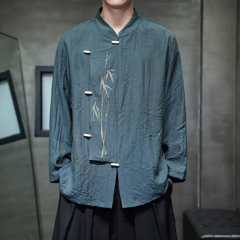 Buddha Stones Fall Solid Color Bamboo Leaf Embroidery Men's Long Sleeve Cotton Linen Shirt - Teal - US/UK/AU46，EU56 (5XL) - image 21