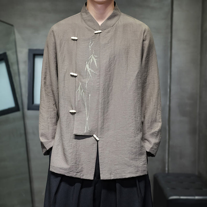 Buddha Stones Fall Solid Color Bamboo Leaf Embroidery Men's Long Sleeve Cotton Linen Shirt - Tan - US/UK/AU46，EU56 (5XL) - image 0