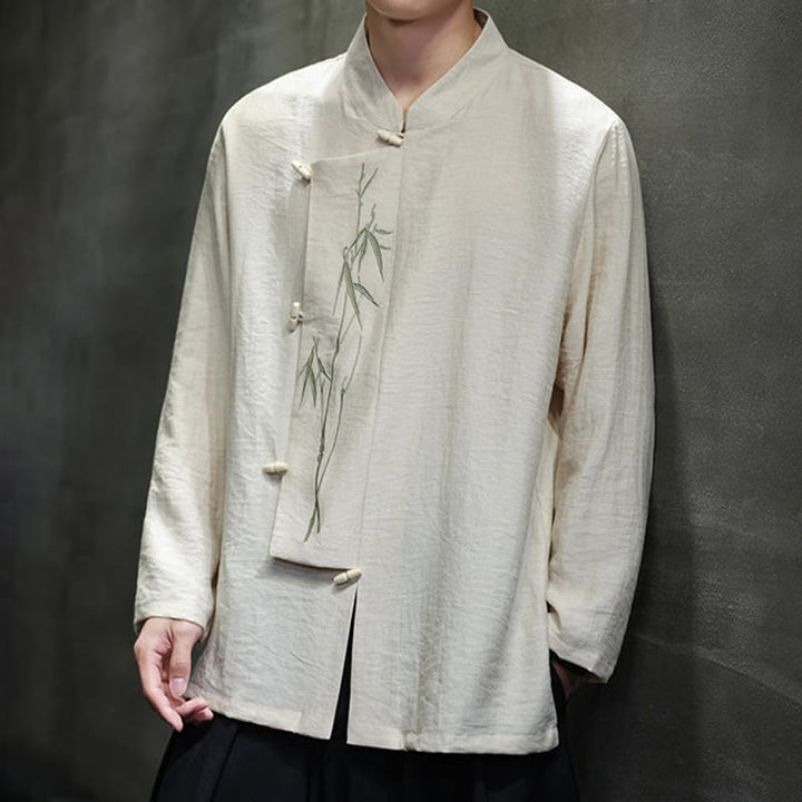 Buddha Stones Fall Solid Color Bamboo Leaf Embroidery Men's Long Sleeve Cotton Linen Shirt - image 14