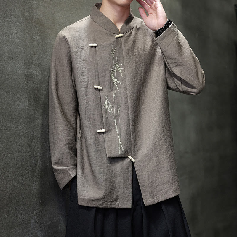 Buddha Stones Fall Solid Color Bamboo Leaf Embroidery Men's Long Sleeve Cotton Linen Shirt - image 6