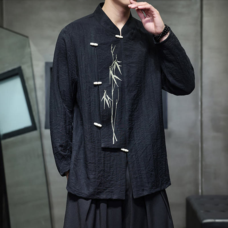 Buddha Stones Fall Solid Color Bamboo Leaf Embroidery Men's Long Sleeve Cotton Linen Shirt - image 18