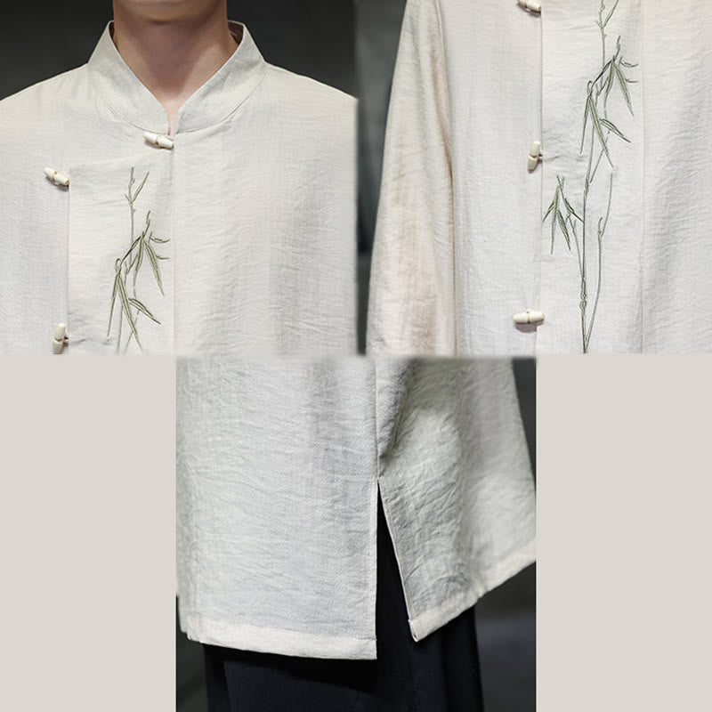 Buddha Stones Fall Solid Color Bamboo Leaf Embroidery Men's Long Sleeve Cotton Linen Shirt - image 15
