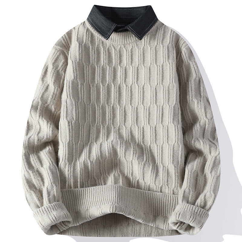 Buddha Stones Winter Black Stand Collar Lines Design Warm Men's Long Sleeve Knitted Sweater - Linen - US/UK/AU44，EU54 (4XL) - image 0