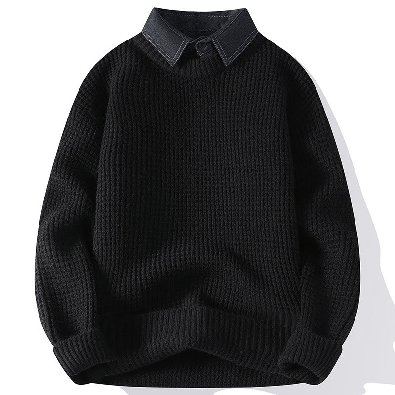 Buddha Stones Winter Black Stand Collar Waffle Pattern Warm Men's Long Sleeve Knitted Sweater - Black - US/UK/AU44，EU54 (4XL) - image 2