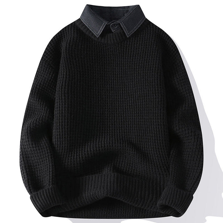 Buddha Stones Winter Black Stand Collar Waffle Pattern Warm Men's Long Sleeve Knitted Sweater - Black - US/UK/AU44，EU54 (4XL) - image 2