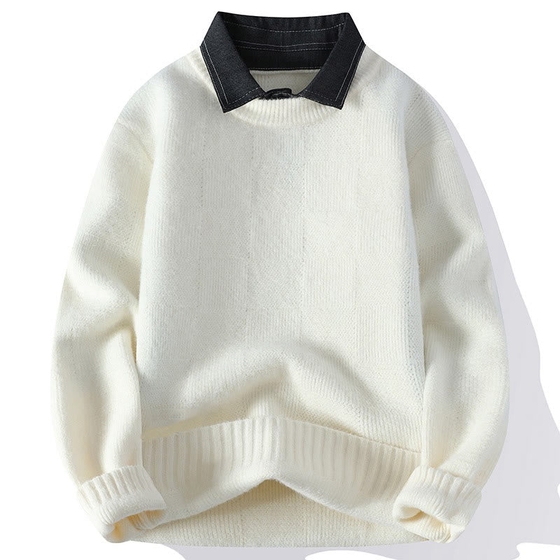 Buddha Stones Winter Black Stand Collar Plaid Pattern Warm Men's Long Sleeve Knitted Sweater - White - US/UK/AU44，EU54 (4XL) - image 4