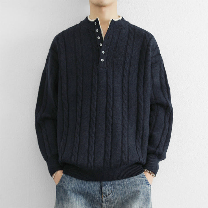 Buddha Stones Winter V-Neck Buttons Twisted Design Warm Men's Long Sleeve Knitted Sweater - MidnightBlue - US/UK/AU44，EU54 (4XL) - image 0