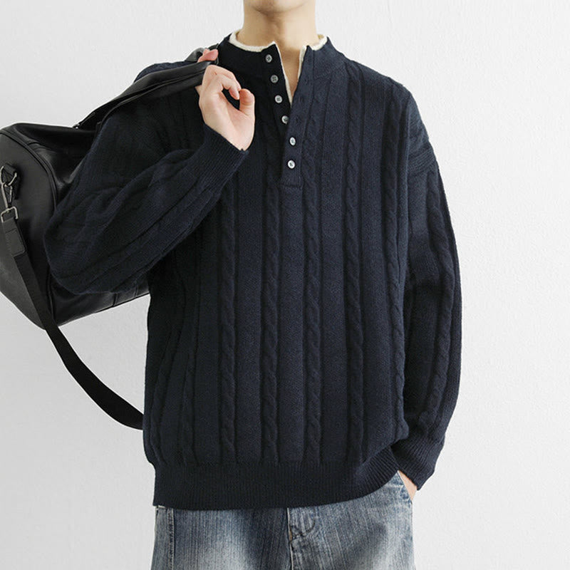 Buddha Stones Winter V-Neck Buttons Twisted Design Warm Men's Long Sleeve Knitted Sweater - image 3