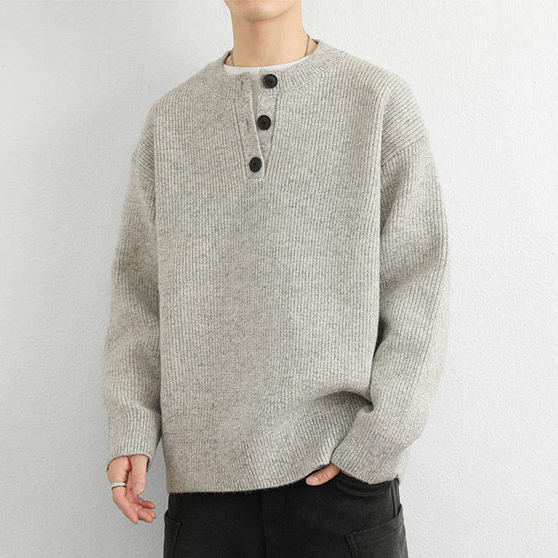 Buddha Stones Winter V-Neck Buttons Ribbed Design Warm Men's Long Sleeve Knitted Sweater - image 9