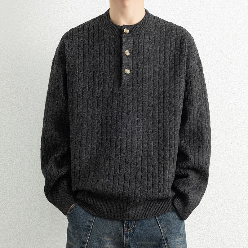 Buddha Stones Winter Crew Neck Three Buttons Twisted Design Warm Men's Long Sleeve Knitted Sweater - Black - US/UK/AU42，EU52 (3XL) - image 14