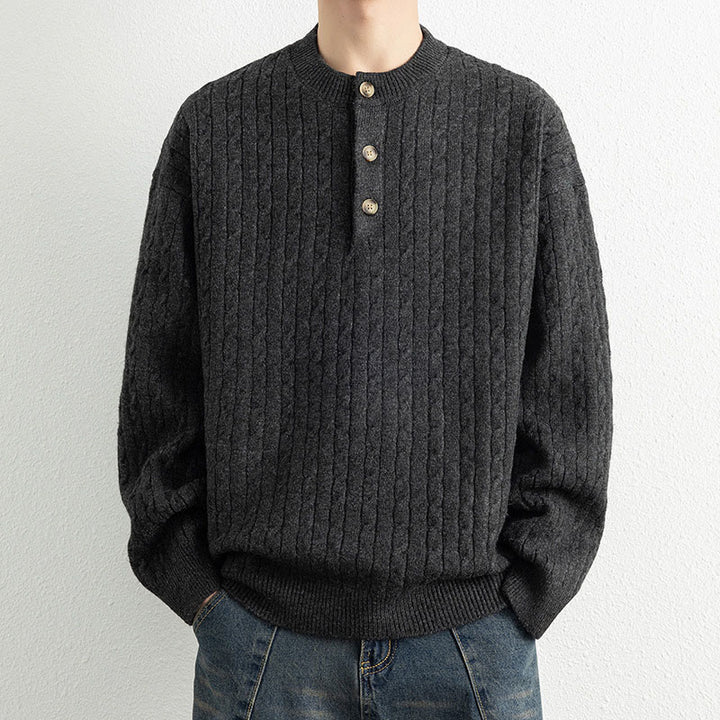Buddha Stones Winter Crew Neck Three Buttons Twisted Design Warm Men's Long Sleeve Knitted Sweater - Black - US/UK/AU42，EU52 (3XL) - image 14