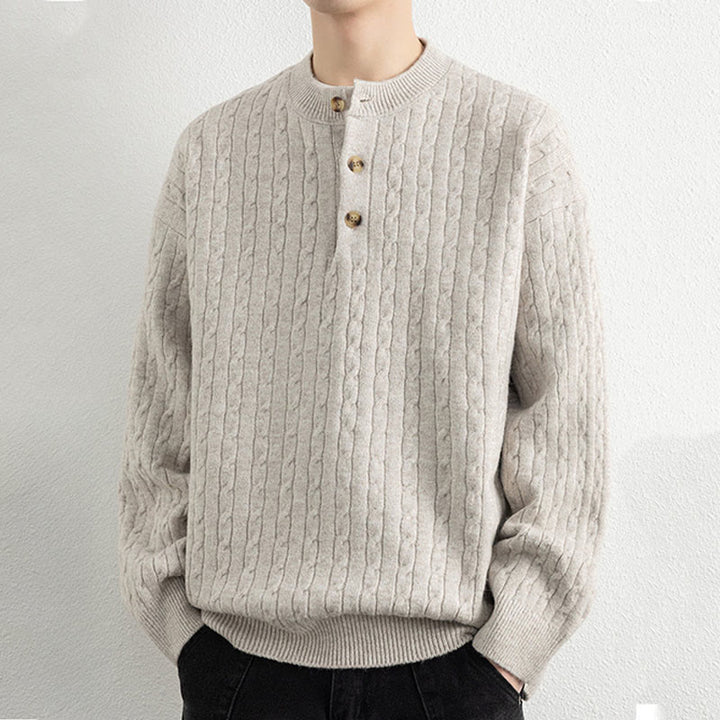 Buddha Stones Winter Crew Neck Three Buttons Twisted Design Warm Men's Long Sleeve Knitted Sweater - image 1