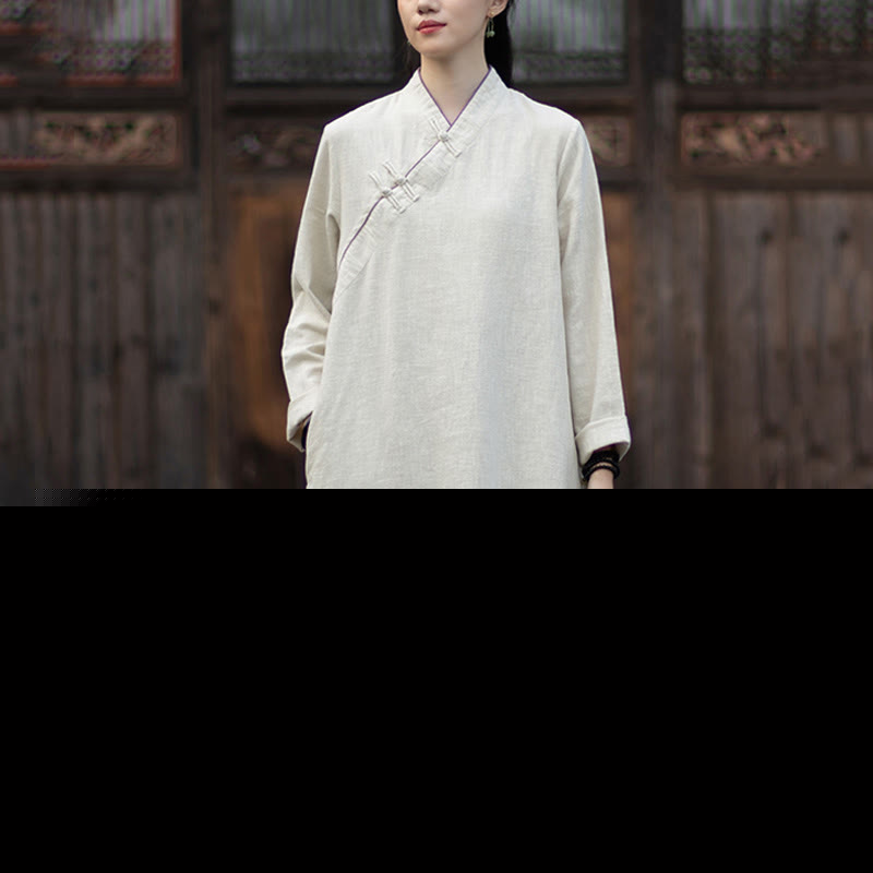 Buddha Stones Solid Frog-Button Long Sleeve Ramie Linen Midi Dress Cheongsam With Pockets - Linen - US4，UK/AU8，EU36 (F) - image 8