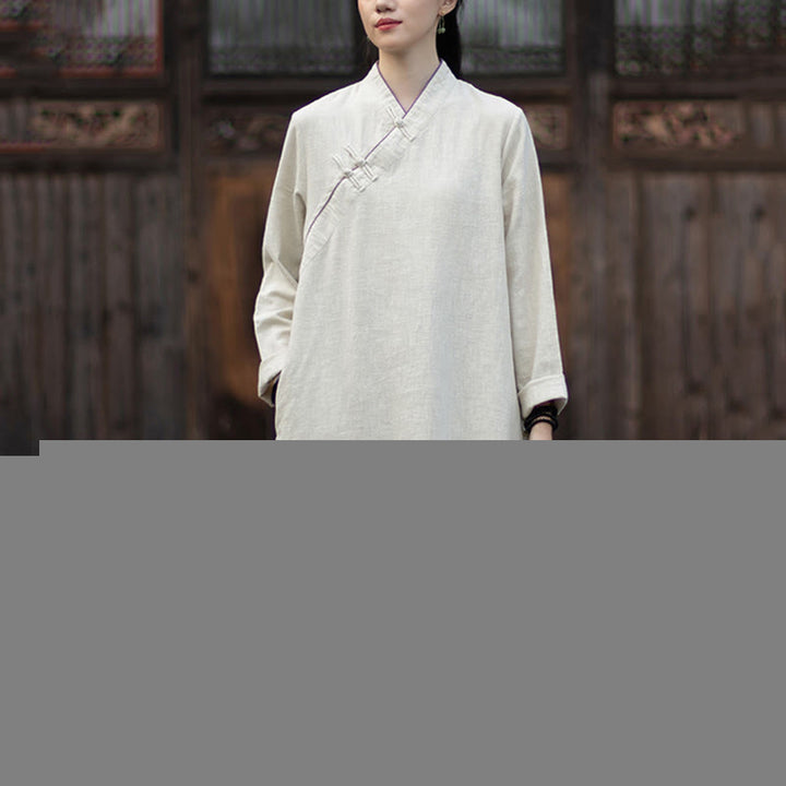 Buddha Stones Solid Frog-Button Long Sleeve Ramie Linen Midi Dress Cheongsam With Pockets - Linen - US4，UK/AU8，EU36 (F) - image 8