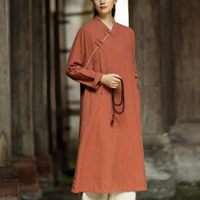 Buddha Stones Solid Frog-Button Long Sleeve Ramie Linen Midi Dress Cheongsam With Pockets - image 1