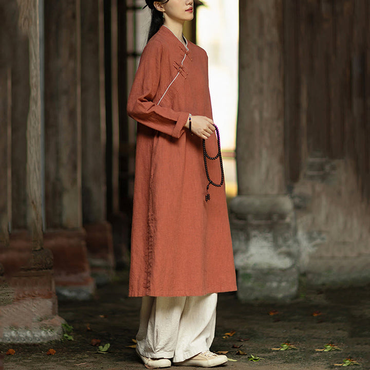 Buddha Stones Solid Frog-Button Long Sleeve Ramie Linen Midi Dress Cheongsam With Pockets - image 4