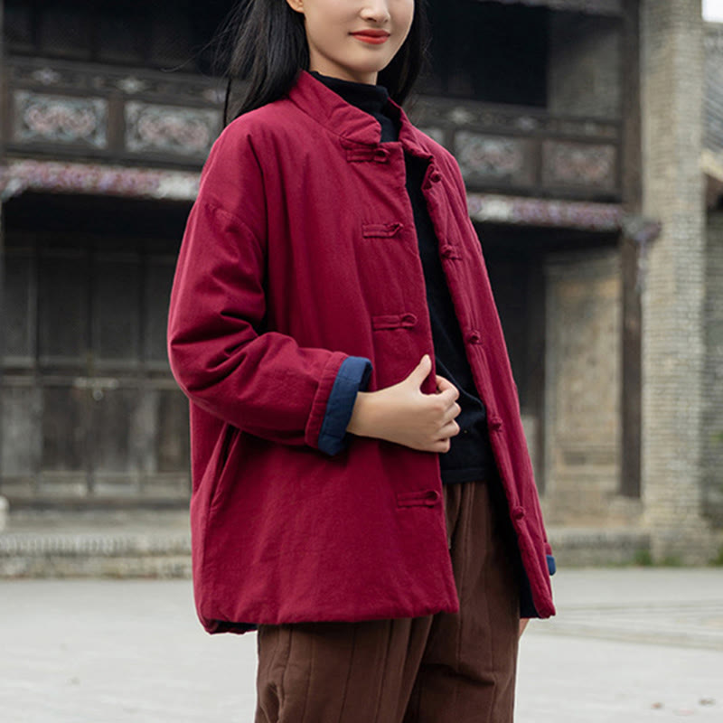 Buddha Stones Winter Solid Frog-Button Long Sleeve Cotton Women's Thermal Jacket With Pockets - image 22