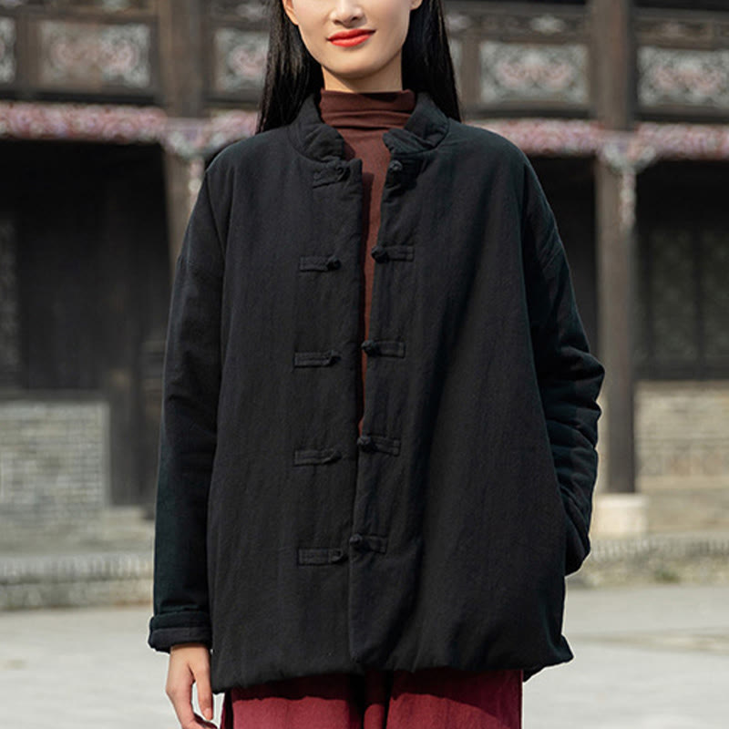 Buddha Stones Winter Solid Frog-Button Long Sleeve Cotton Women's Thermal Jacket With Pockets - image 15