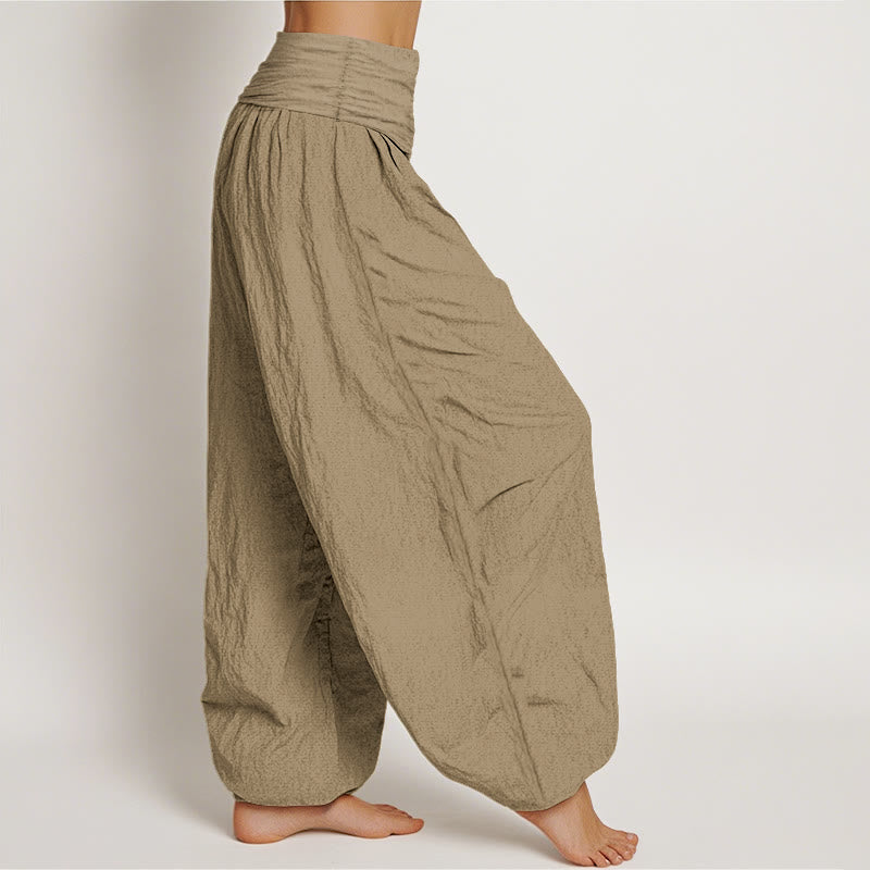 Buddha Stones Cotton Tan Solid Color Women's Elastic Waist Harem Pants - image 2