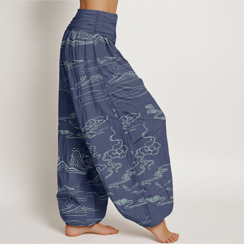 Buddha Stones Cotton Mountain Moon Auspicious Clouds Pattern Women's Elastic Waist Harem Pants - image 5